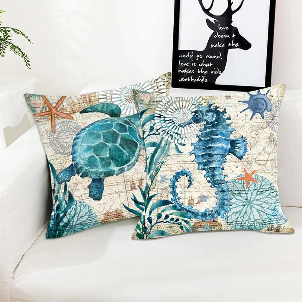 Ocean Theme Decorative Throw Pillow Cover 18X18 Set of 2, Turtle Seahorse Throw