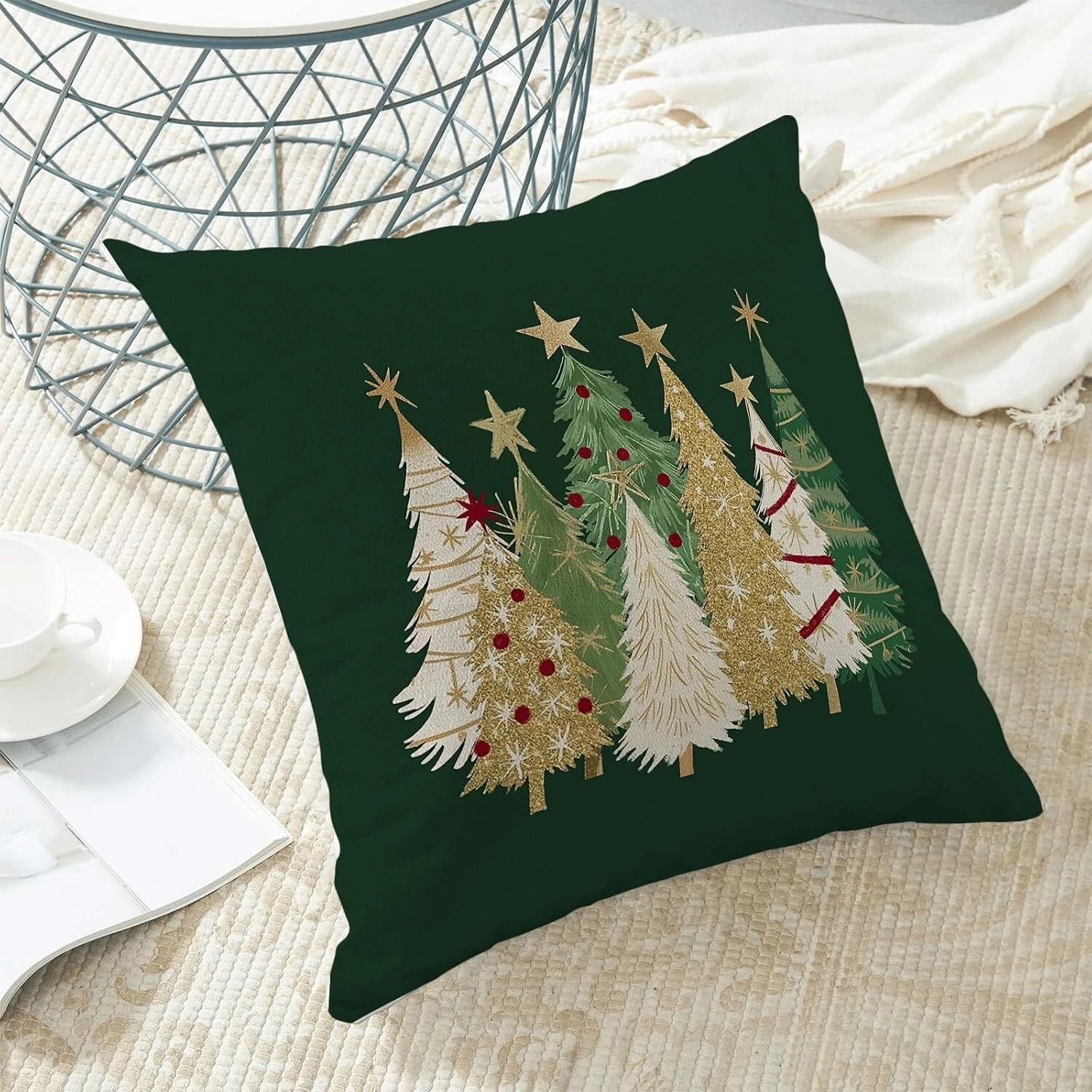 Christmas Pillow Covers (Set of 2): 18x18 Inch Green and Cream Trees with Star!