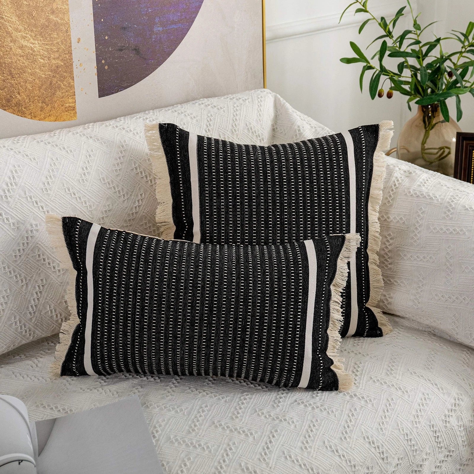 OJIA Modern Throw Pillow Cover with Tassels, Decorative Liana Fringe Accent C...