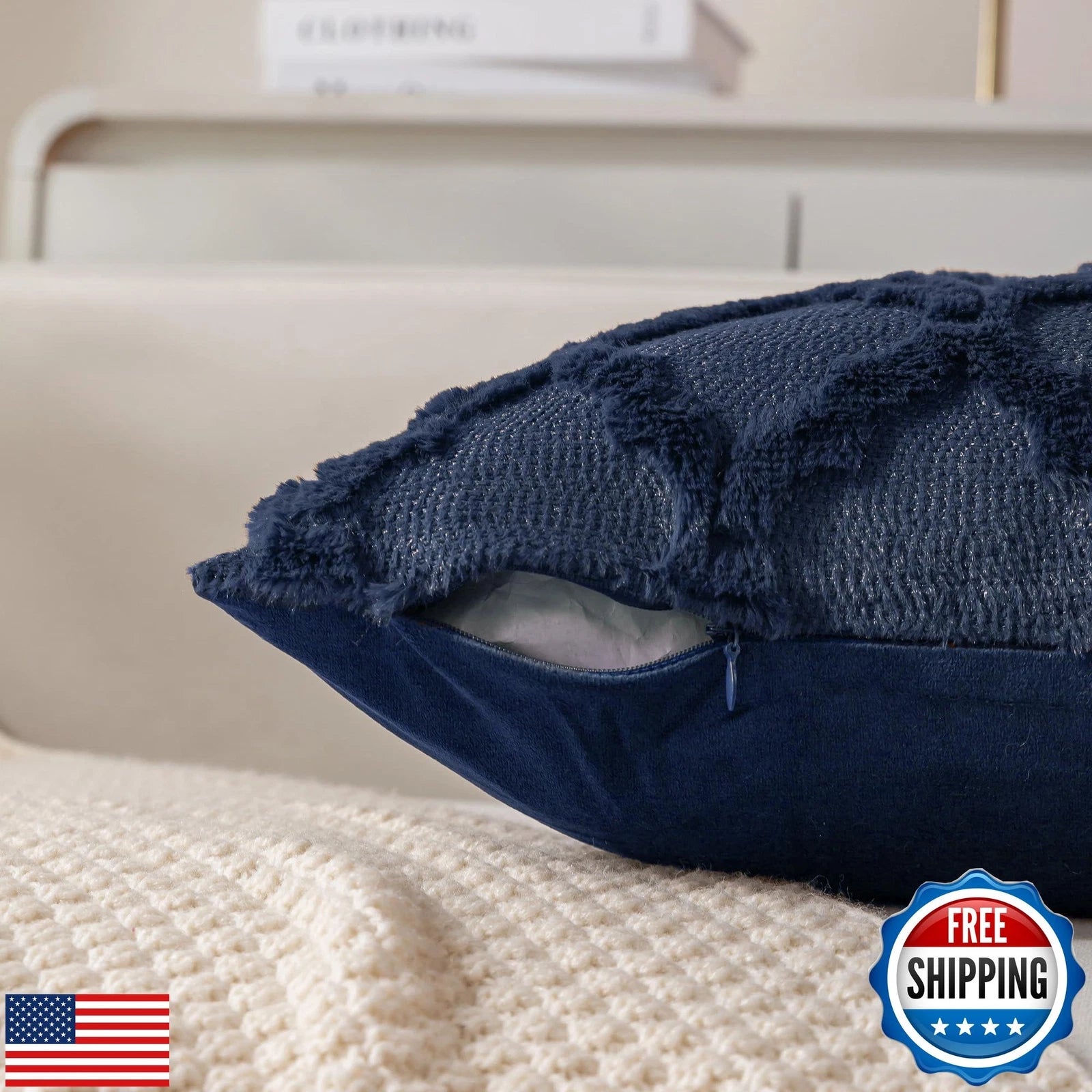 Cozoomy Set of 2 Navy Blue Morrocan Decorative Pillow Covers 16x16 Inch Fluff