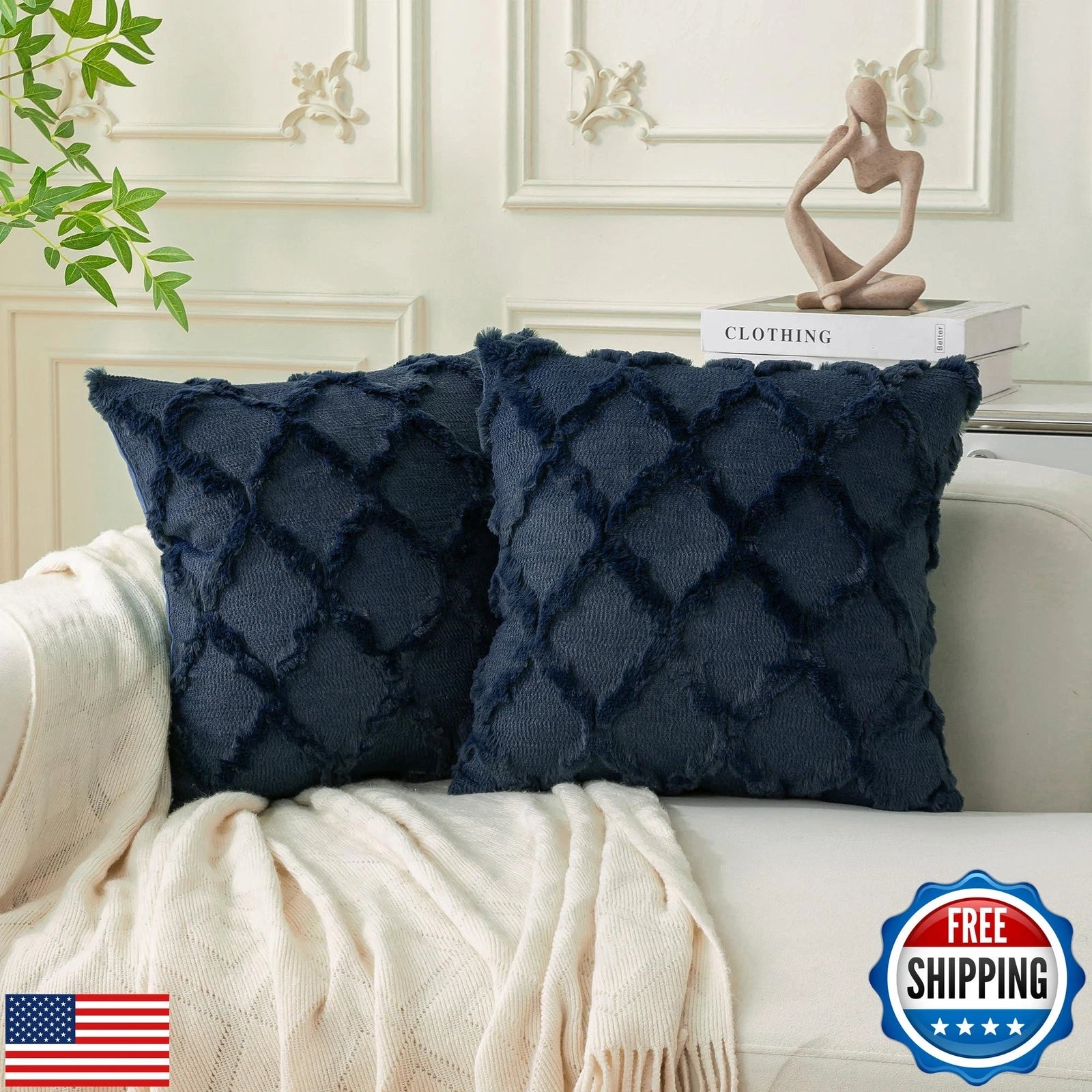 Cozoomy Set of 2 Navy Blue Morrocan Decorative Pillow Covers 16x16 Inch Fluff