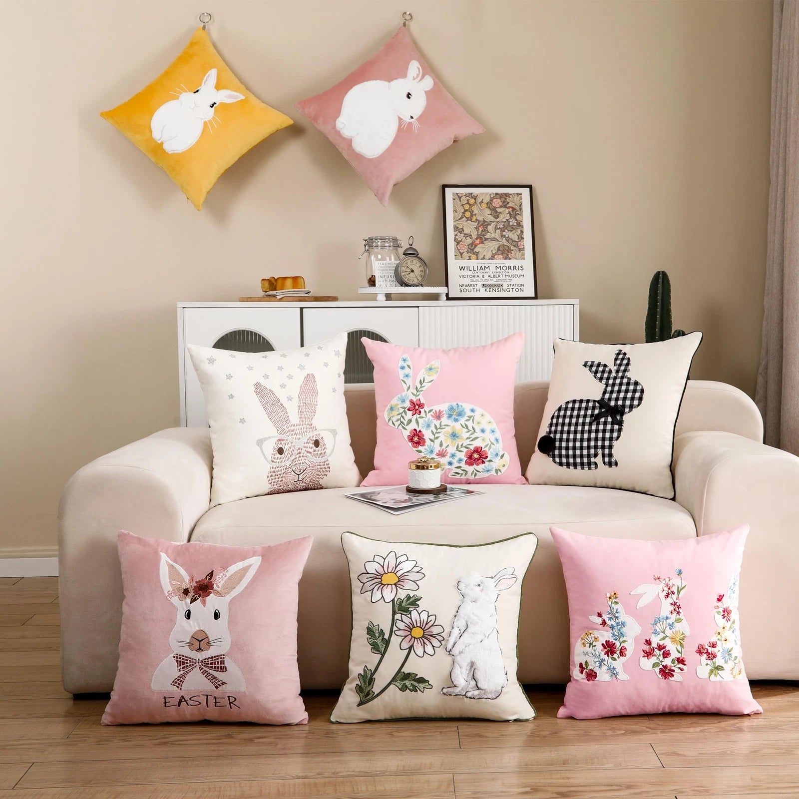 Happy Easter Pillow Covers 18X18 Inch Set of 2 Cute Bow Tie Bunny Easter Deco...