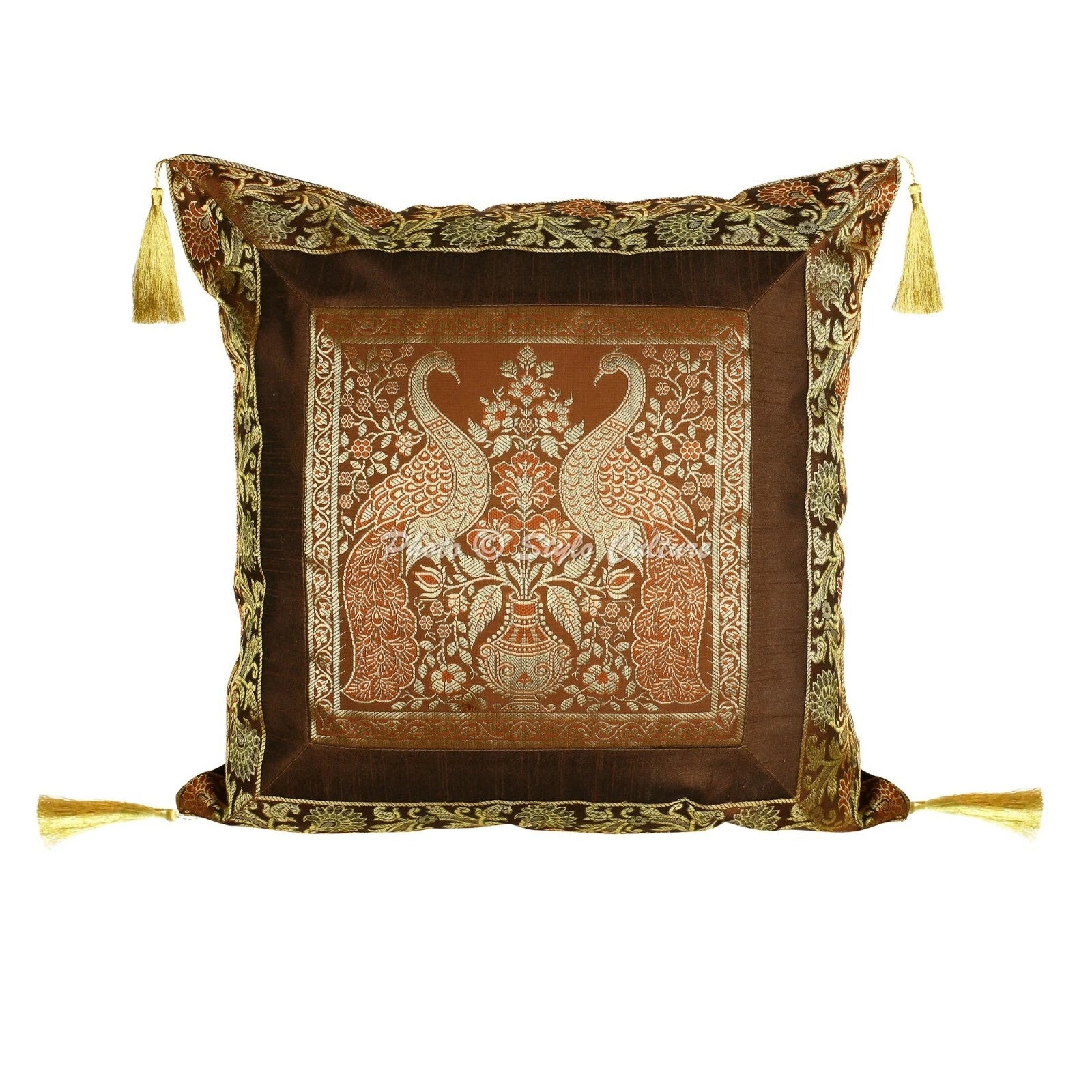 Brown Cushion Cover Brocade Jacquard Gypsy Boho Peacock Tribal Hippie Pillow