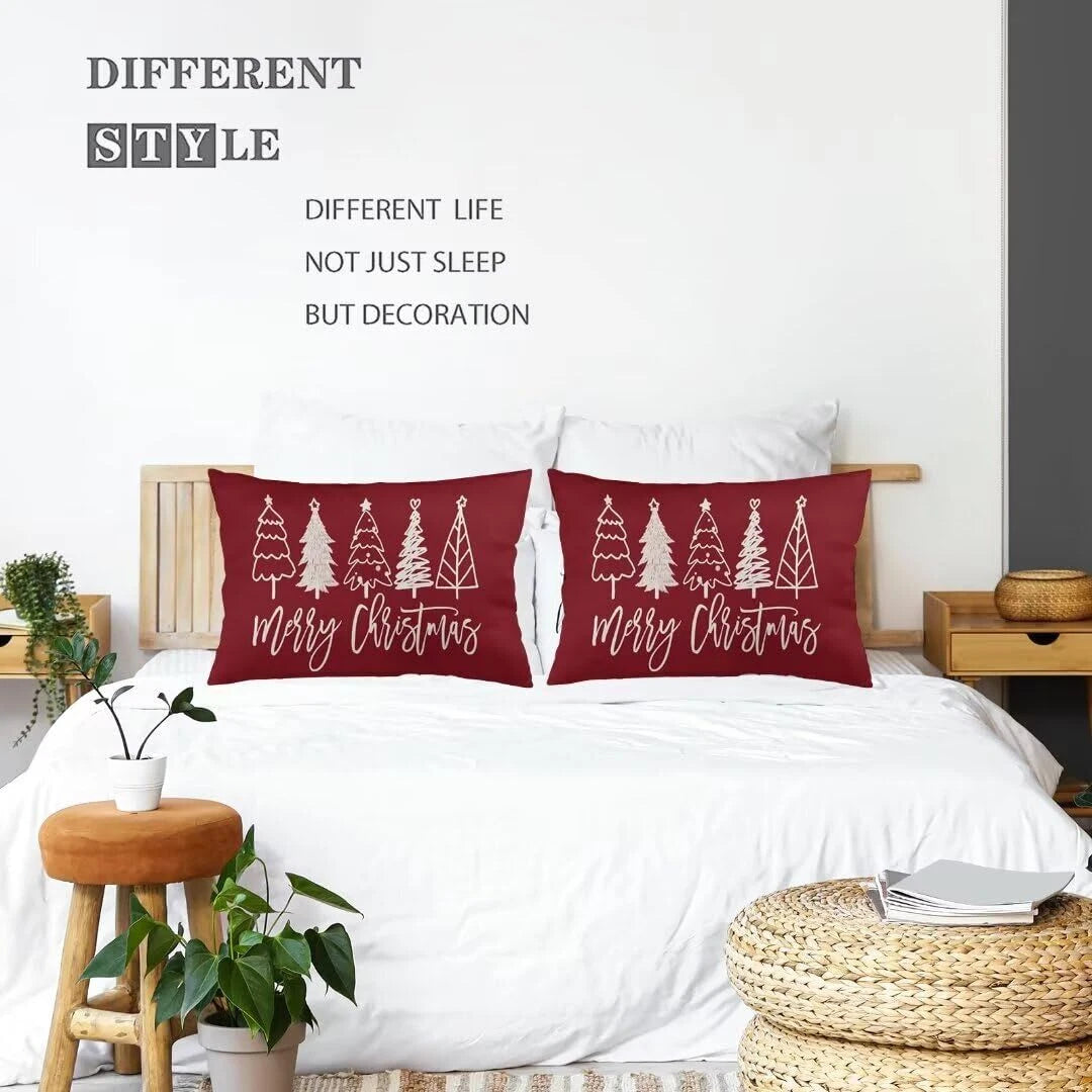 Merry Christmas Throw Pillow Cover Queen Size Winter Holiday Christmas Tree L...