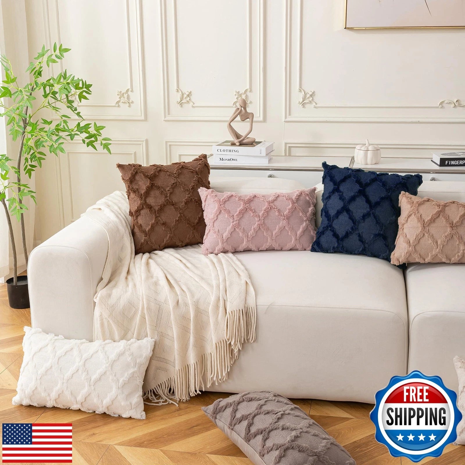 Cozoomy Set of 2 Navy Blue Morrocan Decorative Pillow Covers 16x16 Inch Fluff