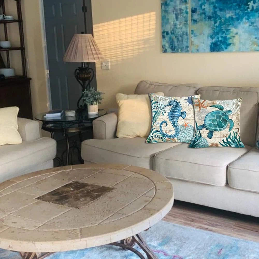 Ocean Theme Decorative Throw Pillow Cover 18X18 Set of 2, Turtle Seahorse Throw