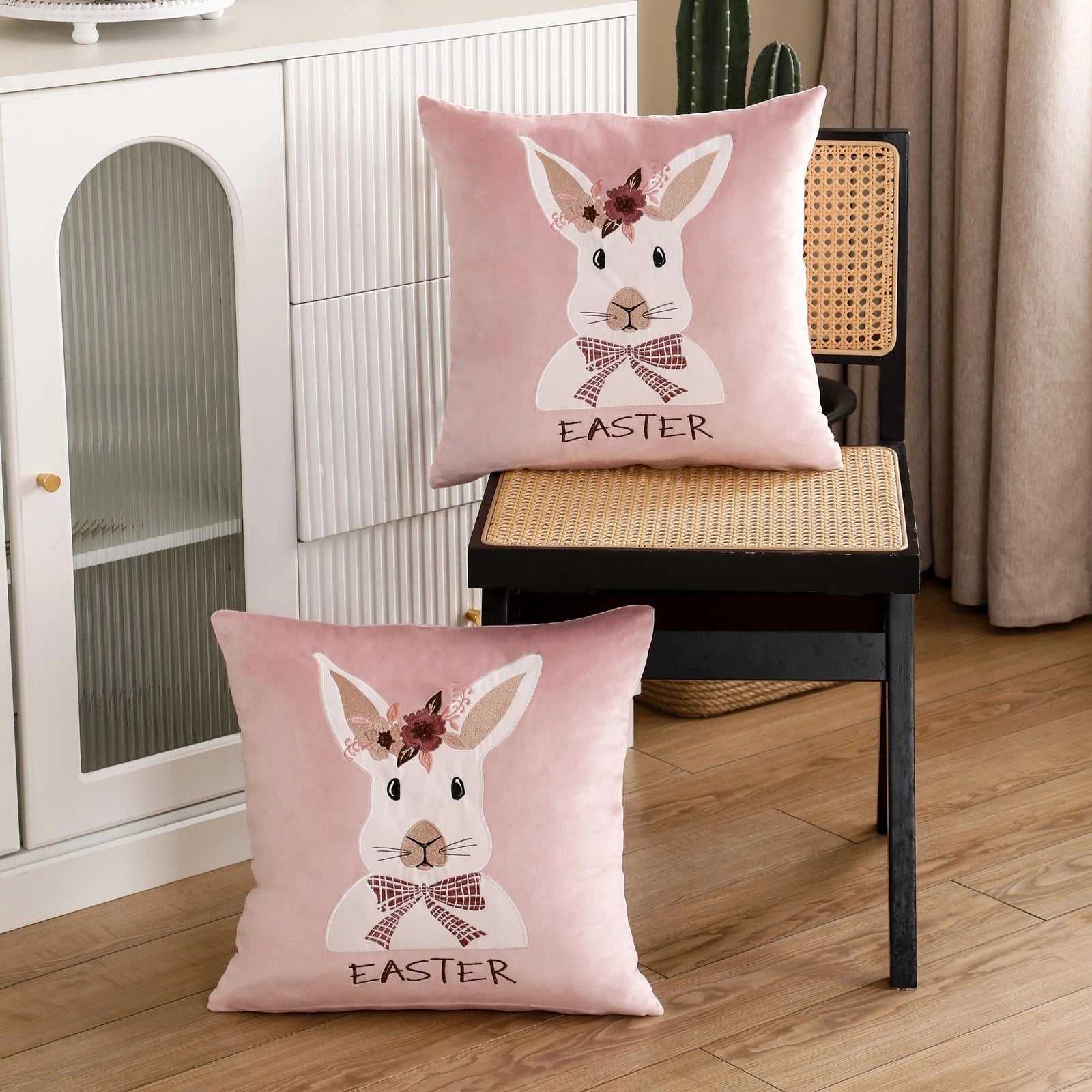 Happy Easter Pillow Covers 18X18 Inch Set of 2 Cute Bow Tie Bunny Easter Deco...