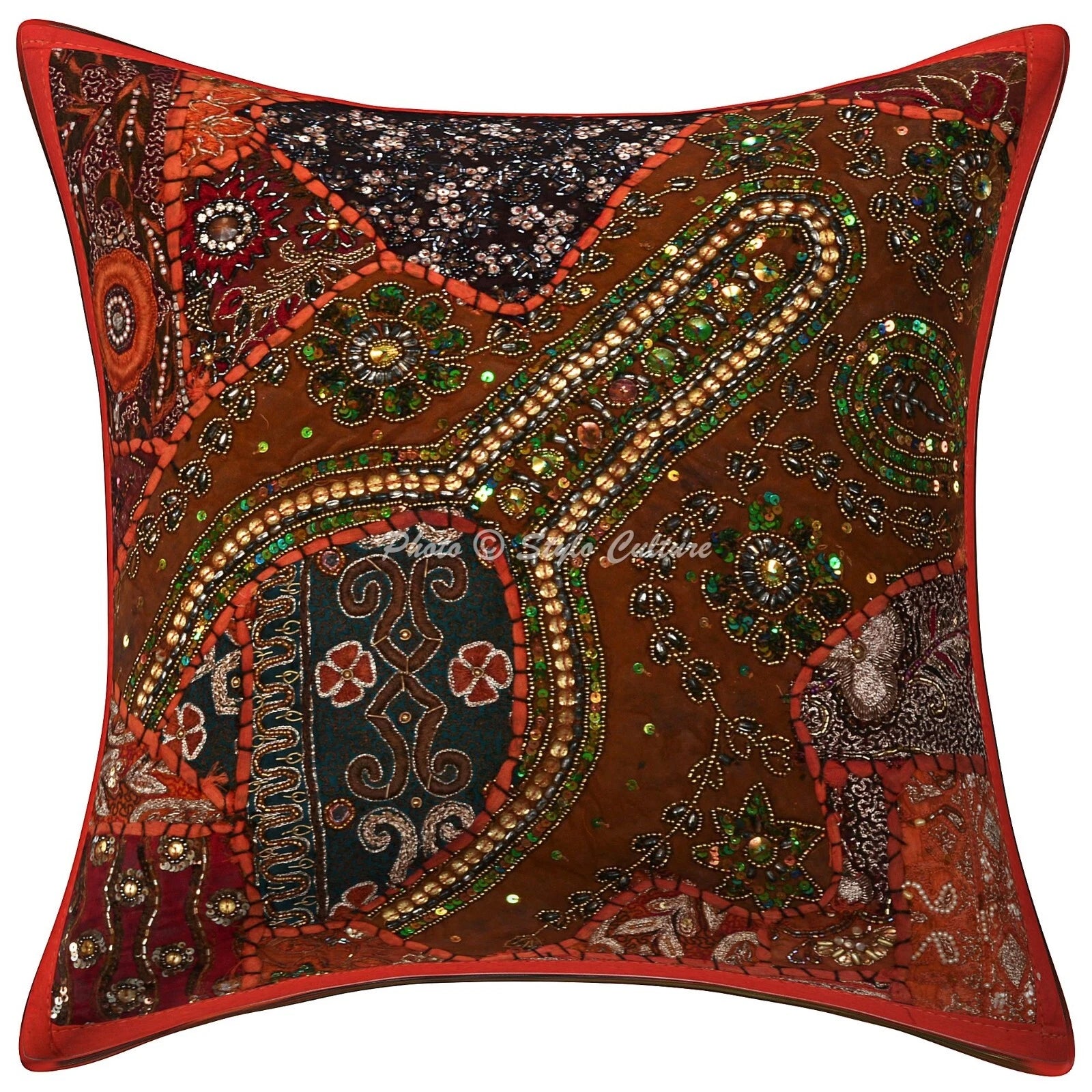 Home Decor Pillow Cover Beaded Bohemian Boho Cushion Cover Throw 16 x 16 in