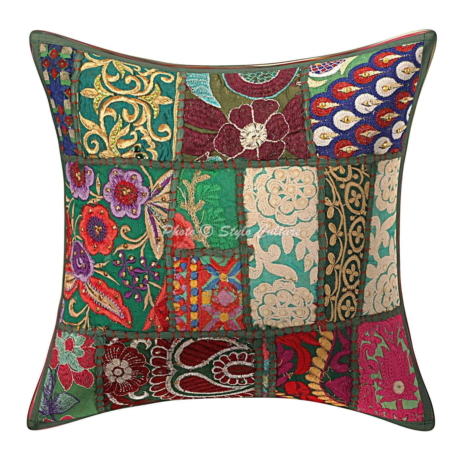 Green Cushion Cover Vintage Gypsy Handmade Indian Ethnic Tribal Hippie Pillow