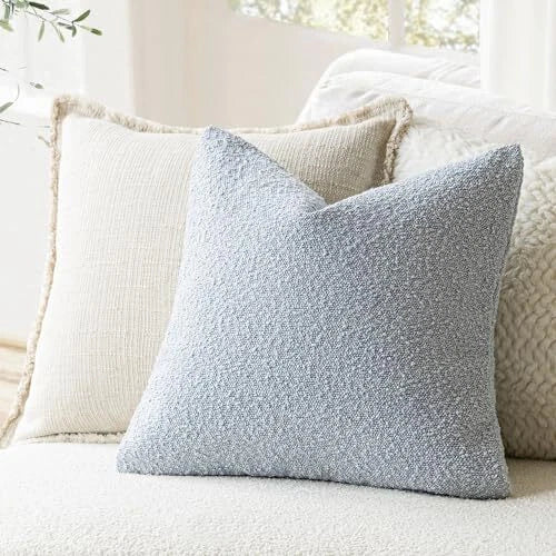 Modern Textured Boucle Throw Pillow Covers Accent Solid 18" x 18" Sky