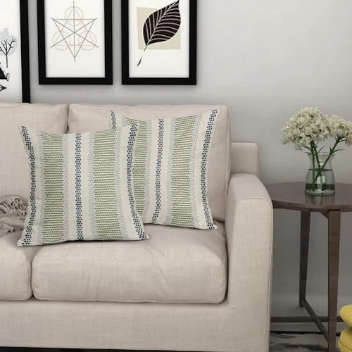 Navy Blue Lime Green Pillow 18" x 18" (Pack of 2) Blue Green Grey Boho Striped