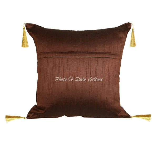 Brown Cushion Cover Brocade Jacquard Gypsy Boho Peacock Tribal Hippie Pillow