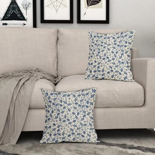 Blue Floral Pillow Covers 18x18 Set of 2 Vintage 18x18 inch Blue Cute Floral