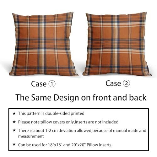 Fall Plaid Pillow Covers 18x18 Set of 2 18" x 18" (Pack of 2) Orange Blue