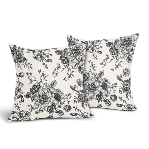 Floral Pillow Covers 18x18 Inch Vintage Flower 18" x 18" (Pack of 2) Black