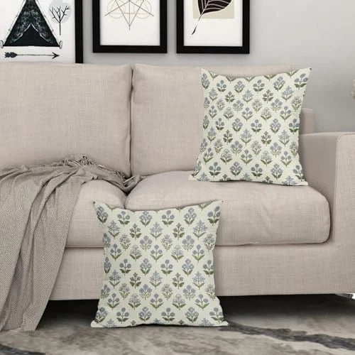 Block Print Pillow Covers 16x16 Inch Set of 2, 16" x 16" (Pack of 2) Blue Green