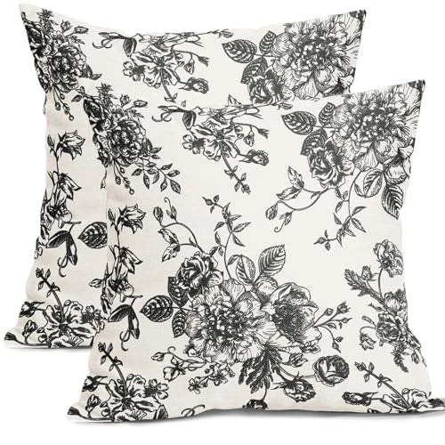 Floral Pillow Covers 18x18 Inch Vintage Flower 18" x 18" (Pack of 2) Black