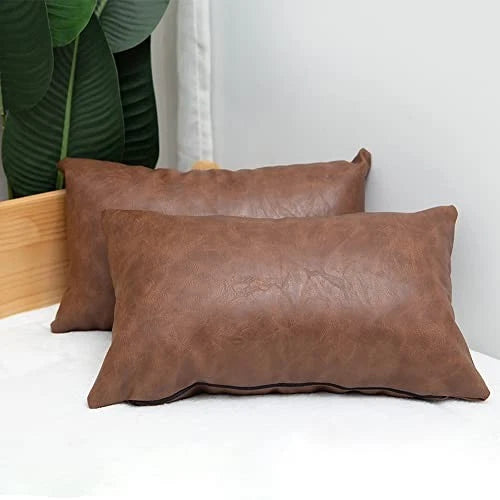 Faux Leather Throw Pillow Cover Lumbar Farmhouse 20" x 12" (Pack of 2) Brown