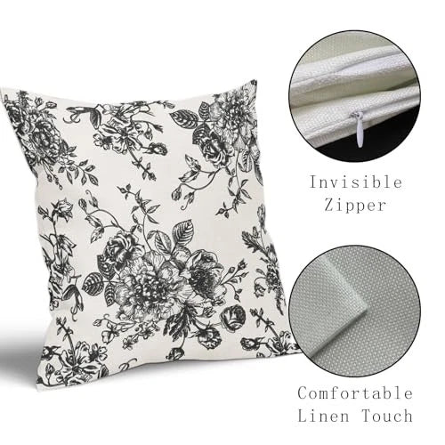 Floral Pillow Covers 18x18 Inch Vintage Flower 18" x 18" (Pack of 2) Black