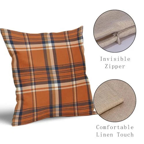 Fall Plaid Pillow Covers 18x18 Set of 2 18" x 18" (Pack of 2) Orange Blue