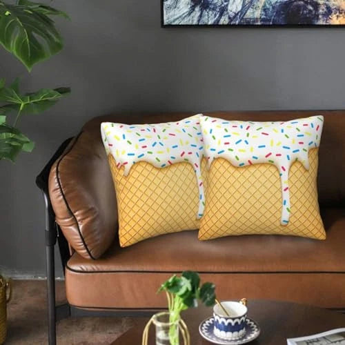 Ice Cream Pillow Covers 18x18 Set of 2, Yellow White Throw Pillow Covers