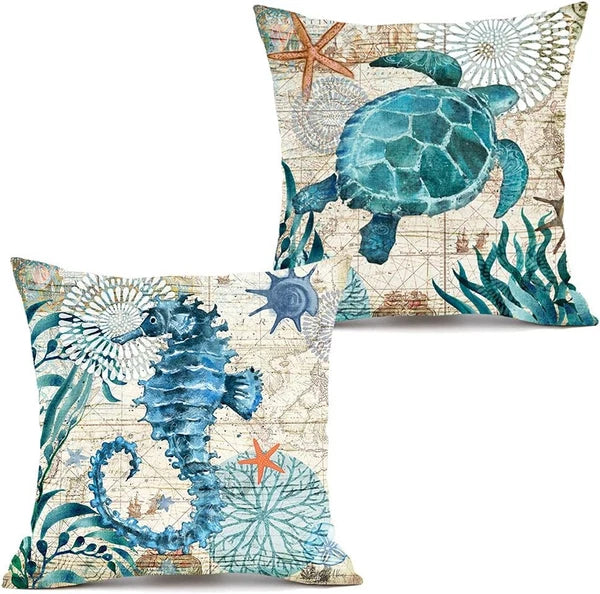 Ocean Theme Decorative Throw Pillow Cover 18X18 Set of 2, Turtle Seahorse Throw