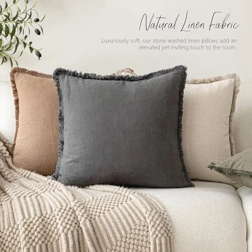 Decorative Linen Fringe Throw Pillow Covers Cozy Boho Farmhouse 18" x 18" Grey
