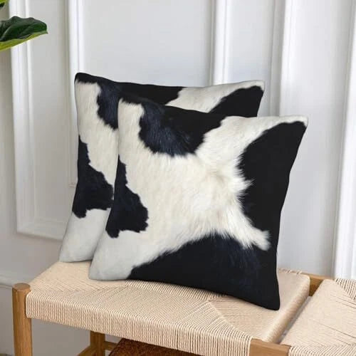 Black and White Western Cow Print Pillow Covers 18x18 Set of 2, Faux Fur