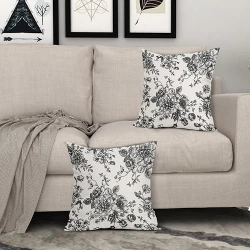 Floral Pillow Covers 18x18 Inch Vintage Flower 18" x 18" (Pack of 2) Black