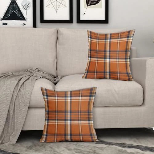 Fall Plaid Pillow Covers 18x18 Set of 2 18" x 18" (Pack of 2) Orange Blue
