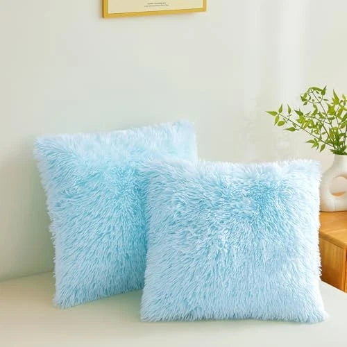 Faux Fur Throw Pillow Covers 18"x18" Furry Shaggy 18" x 18" (Pack of 2) Blue