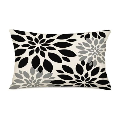 Black Grey Dahlia Flower Throw Pillow Covers 12x20 Inch Modern Black Dahlia