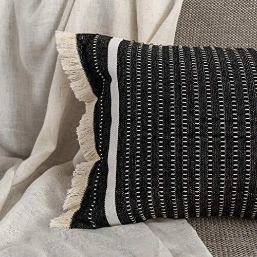 Modern Throw Pillow Cover with Tassels, Decorative Liana 12" x 20" Black