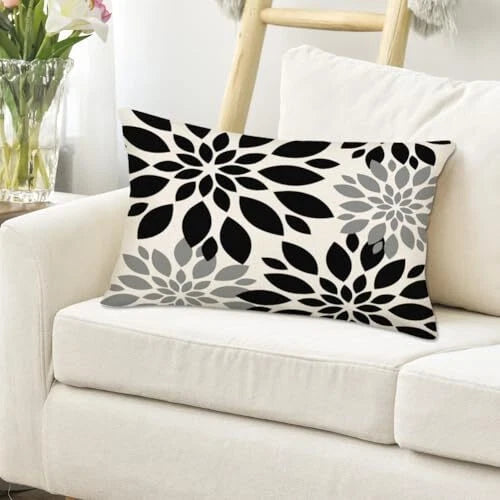 Black Grey Dahlia Flower Throw Pillow Covers 12x20 Inch Modern Black Dahlia