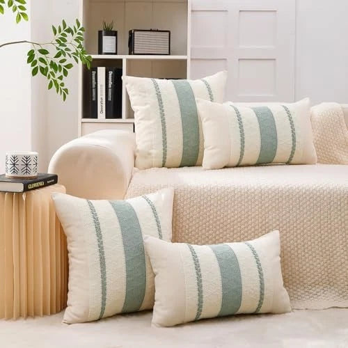 Boho Throw Pillow Covers Set of 2 Linen 18" x 18" (Pack of 2) 8-sage Green