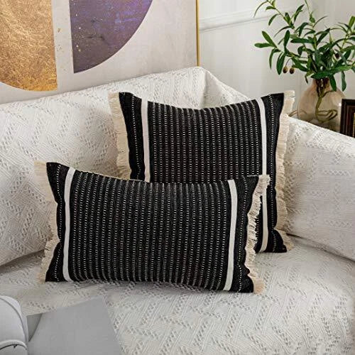 Modern Throw Pillow Cover with Tassels, Decorative Liana 12" x 20" Black