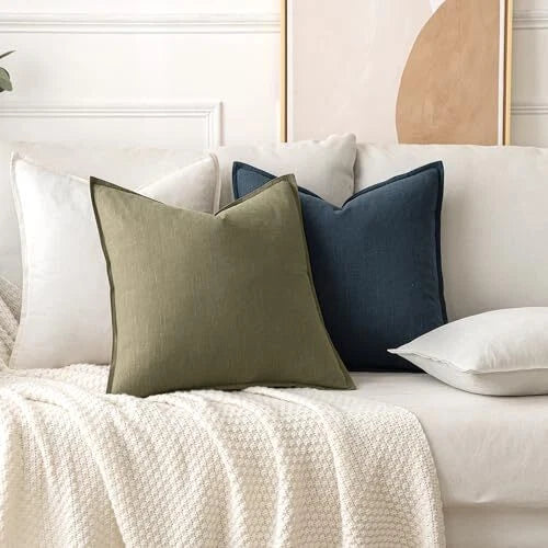 Decorative Linen Pillow Covers 20x20 Inch 20" x 20" (Pack of 2) Cream White
