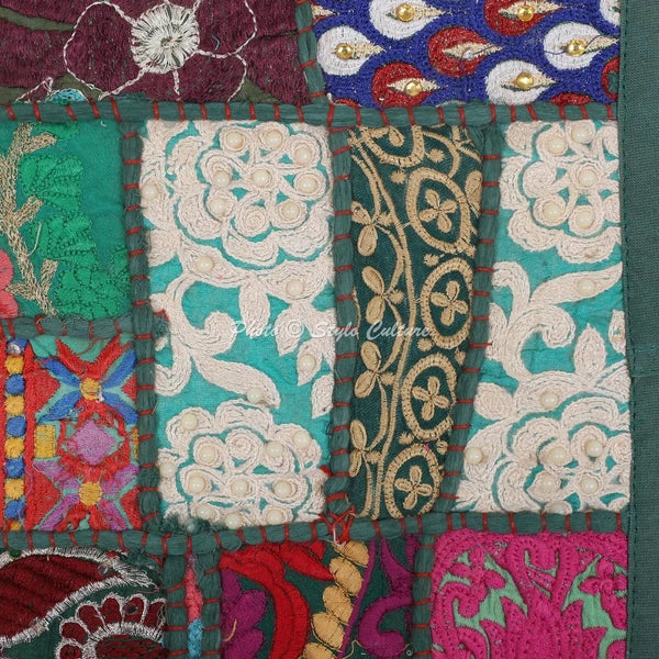 Green Cushion Cover Vintage Gypsy Handmade Indian Ethnic Tribal Hippie Pillow