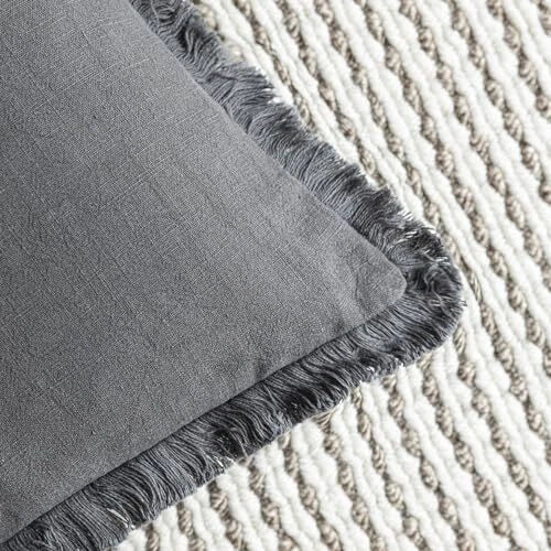 Decorative Linen Fringe Throw Pillow Covers Cozy Boho Farmhouse 18" x 18" Grey