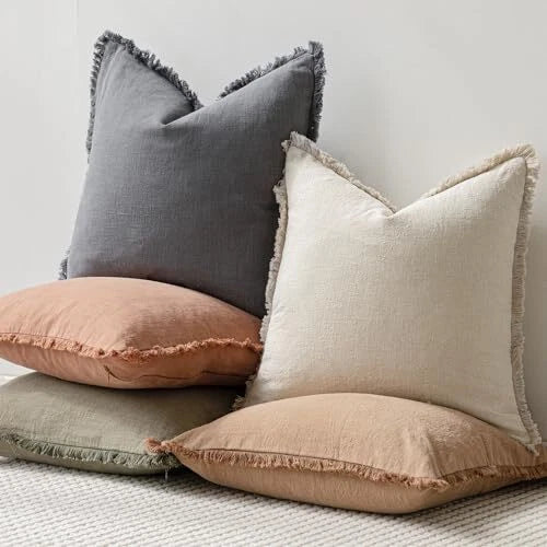 Decorative Linen Fringe Throw Pillow Covers Cozy Boho Farmhouse 18" x 18" Grey