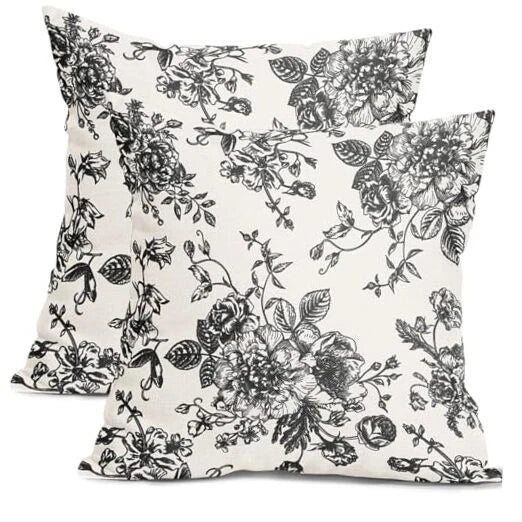 Floral Pillow Covers 18x18 Inch Vintage Flower 18" x 18" (Pack of 2) Black