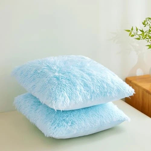 Faux Fur Throw Pillow Covers 18"x18" Furry Shaggy 18" x 18" (Pack of 2) Blue