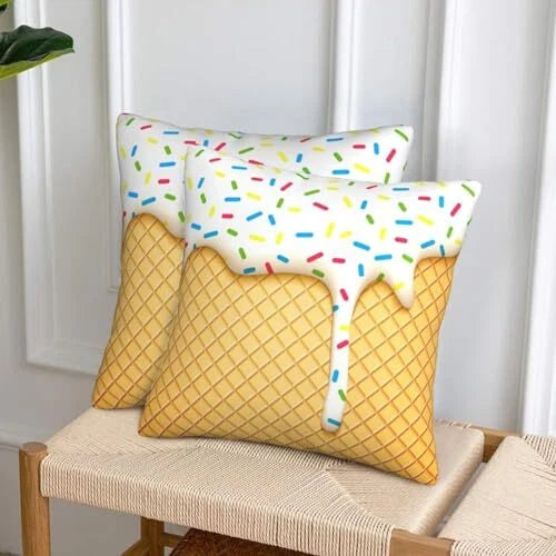 Ice Cream Pillow Covers 18x18 Set of 2, Yellow White Throw Pillow Covers