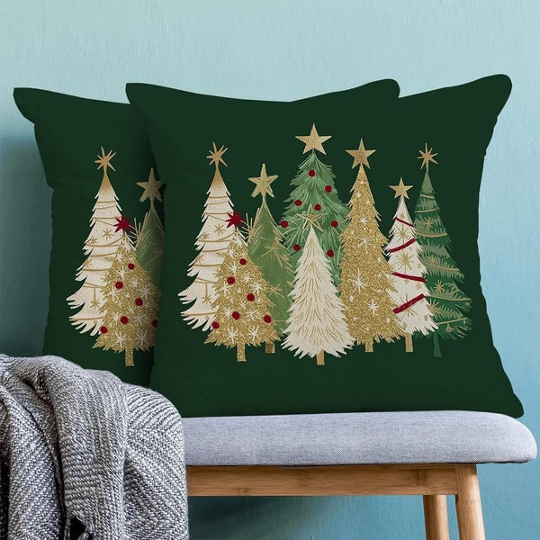 Christmas Pillow Covers (Set of 2): 18x18 Inch Green and Cream Trees with Star!