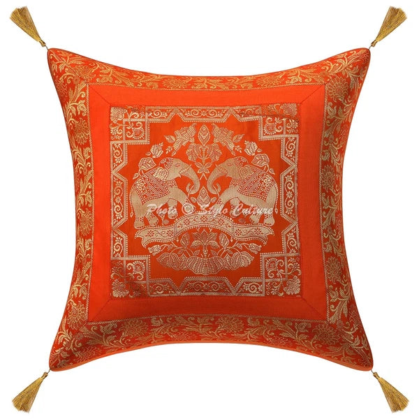 Orange Cushion Cover Brocade Jacquard Gypsy Handmade Tribal Ethnic Hippie Pillow