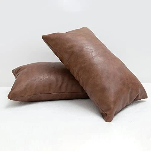 Faux Leather Throw Pillow Cover Lumbar Farmhouse 20" x 12" (Pack of 2) Brown