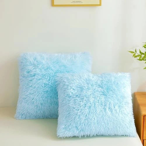 Faux Fur Throw Pillow Covers 18"x18" Furry Shaggy 18" x 18" (Pack of 2) Blue