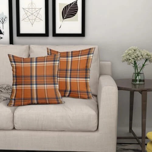 Fall Plaid Pillow Covers 18x18 Set of 2 18" x 18" (Pack of 2) Orange Blue