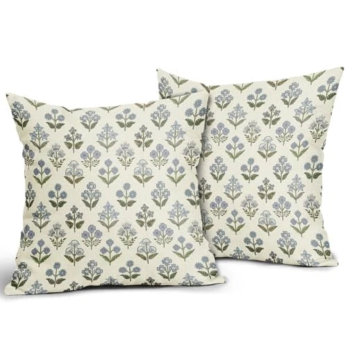 Block Print Pillow Covers 18x18 Inch Set of 2, 18" x 18" (Pack of 2) Blue Green