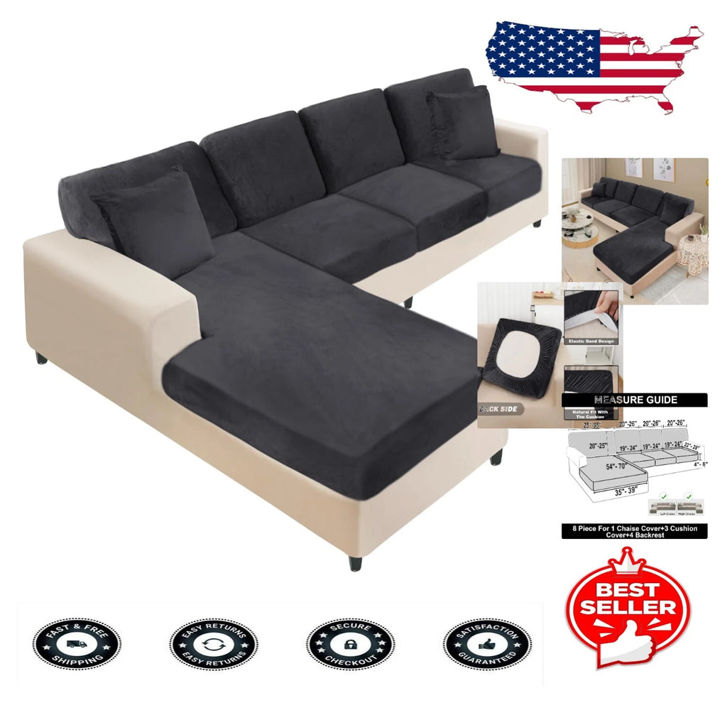 Stretchable Eight-Piece Velvet Slipcovers for Sectional Sofas with Pillowcases